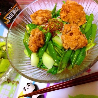 簡単リメイク！から揚げと緑野菜のアレンジ稲庭うどん